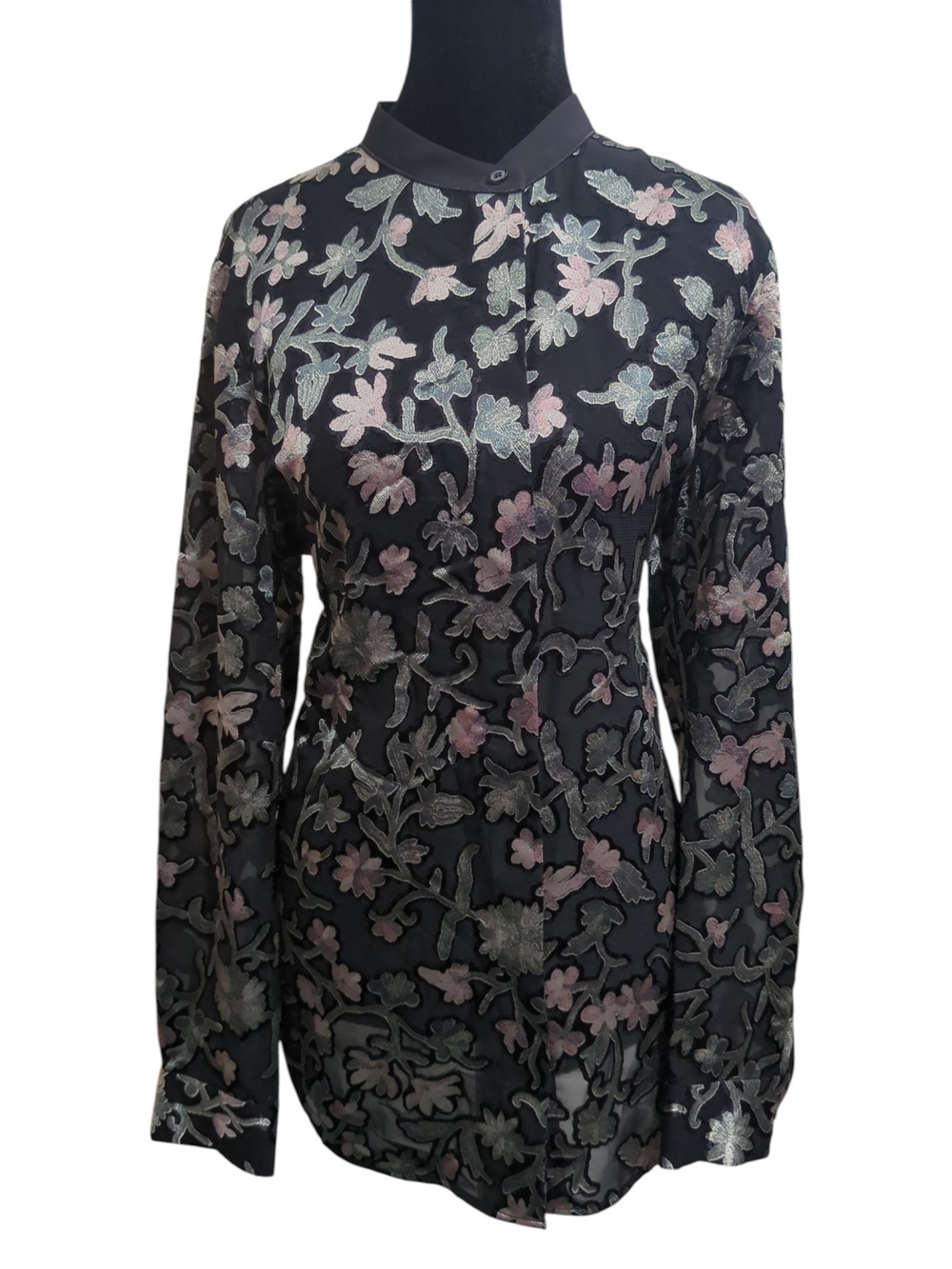 Lafayette 148 New York Black Floral Embroidered Long-Sleeve Blouse